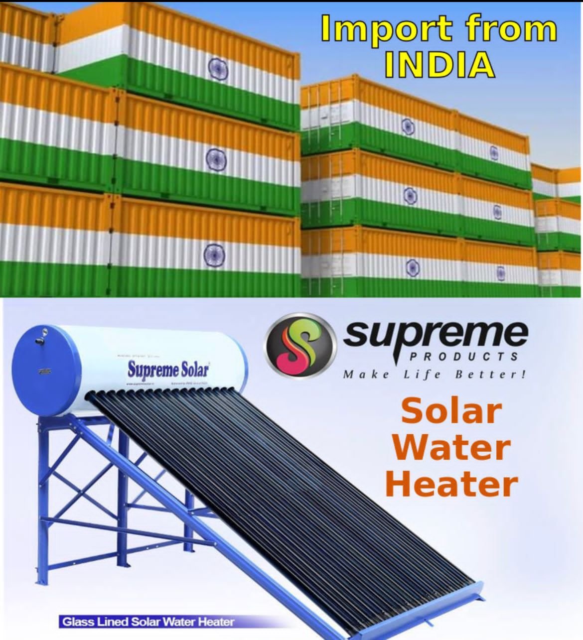 India made non pressurized SOLAR WATER HEATER supreme 300ltrs