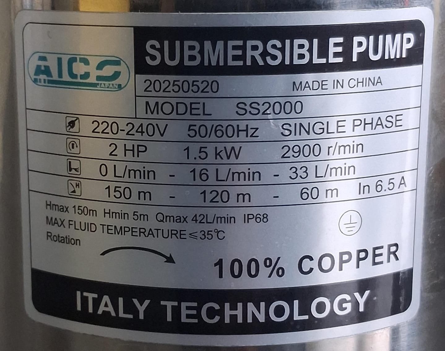 SS2000 Aico Japan Deep well Submersible pump 2HP Head 150M 1 inches outlet - Image 2