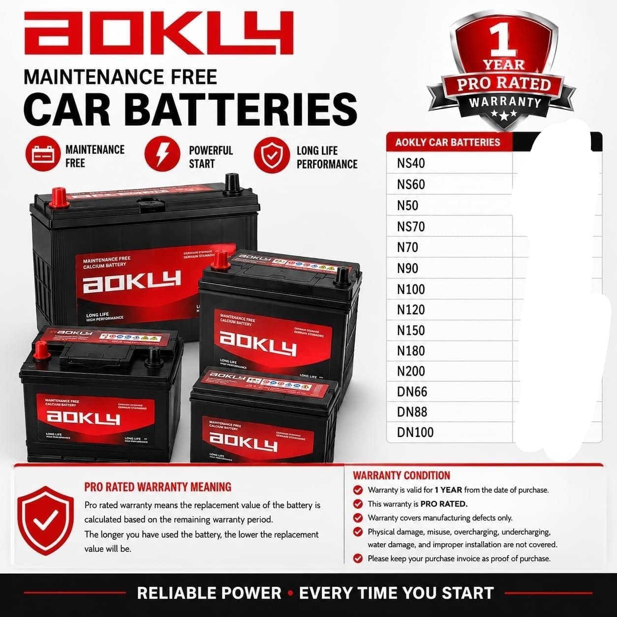 Aokly maintenance free car battery DN100