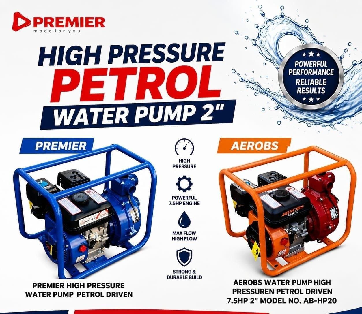 Premier 2inch strong petrol high pressure water pump 7.5hp