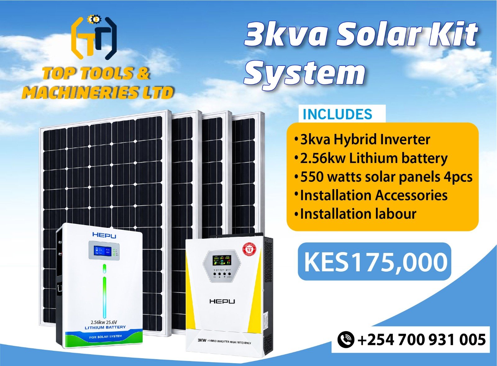 Lithium 2.56kw 3kva solar system kit