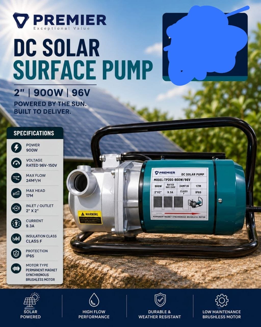 2inch Premier dc solar surface waterpump 96v 900w green