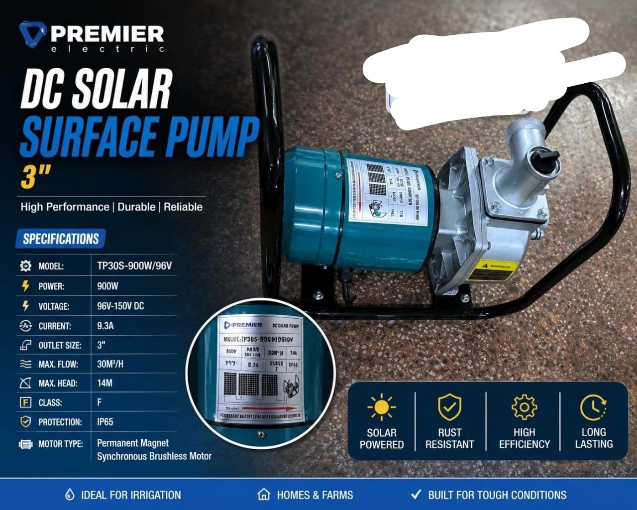 3inch Premier dc solar surface waterpump 96v 900w green