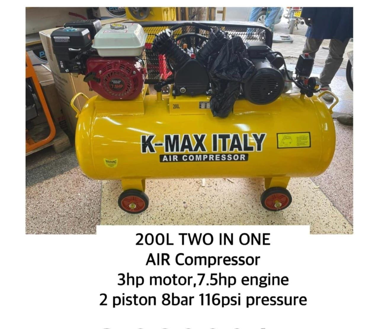 Kmax italy 200ltr 2in1 petrol 7.5hp and electric 3hp air compressor