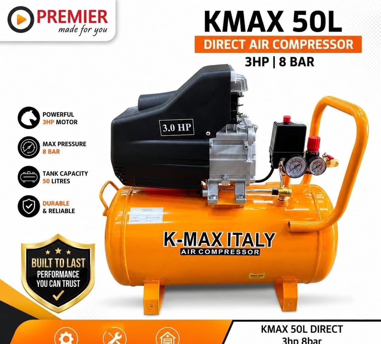 Kmax italy air compressor 50ltrs 3hp 8bar