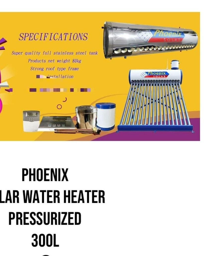 Phoenix dc solar water heater pressurised 300ltrs tube type