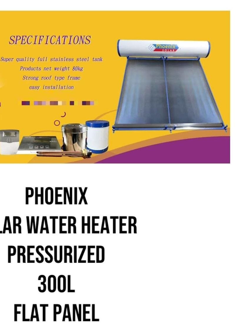 Phoenix dc solar water heater pressurized 300ltrs flat panel