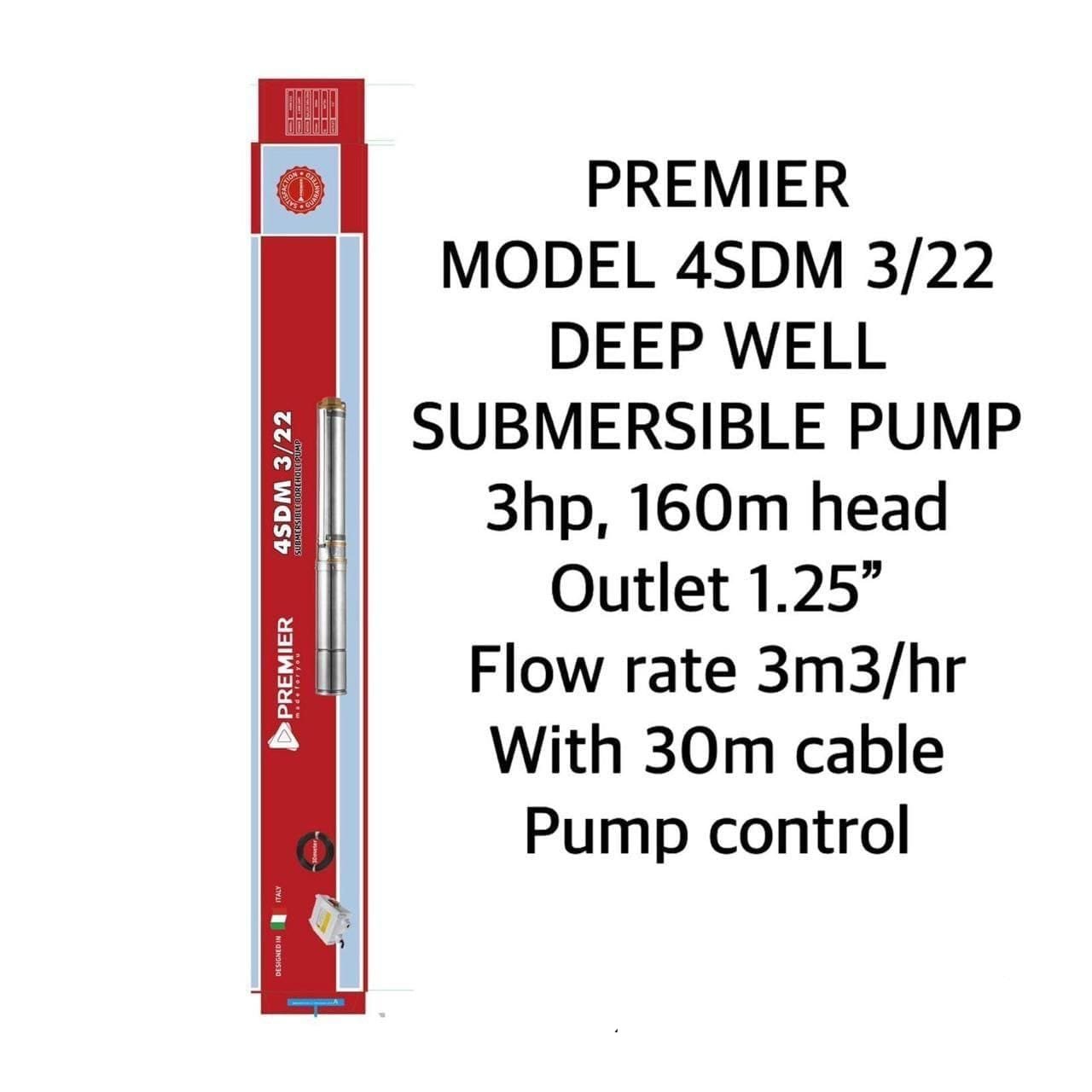 4sdm 3/22 Premier deep well submersible waterpump 3hp 160m