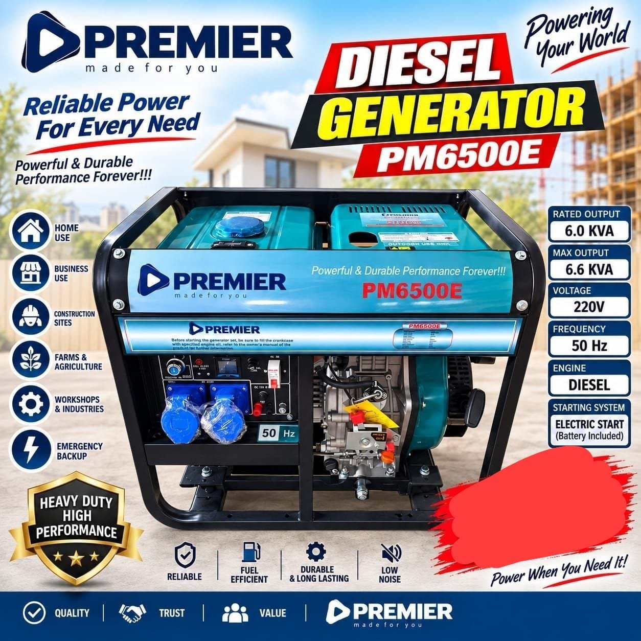 Premier open type diesel generator pm6500e 6.6kva