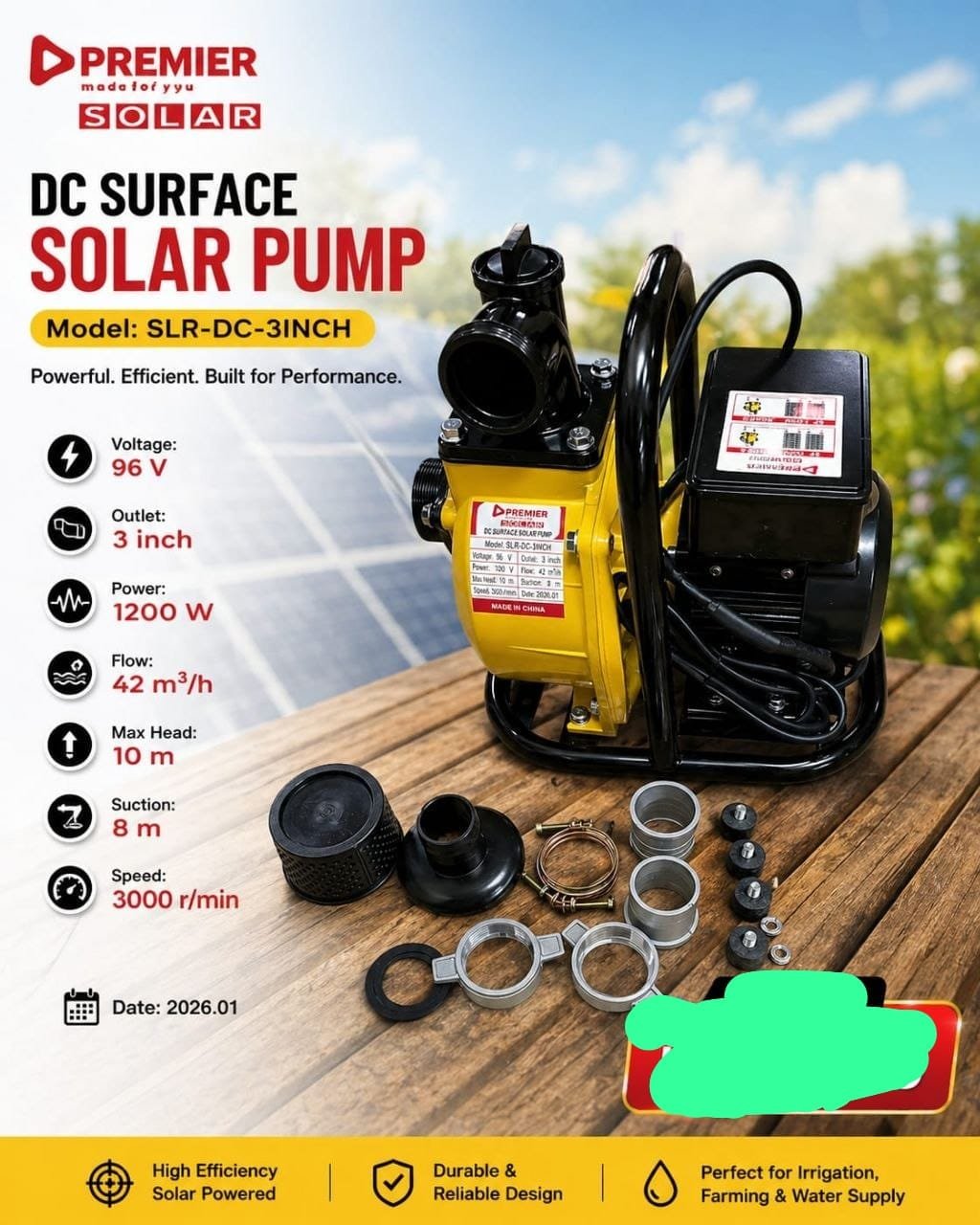 Slr-dc-3inch Premier dc solar surface waterpump 96v 1200w yellow